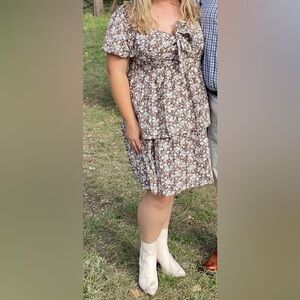 Arula Floral Tie-Front Peplum Dress in Brown & Cream XL 14-16 Size A